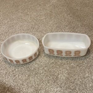 Pyrex Vintage White and Brown Floral Baking Dishes
